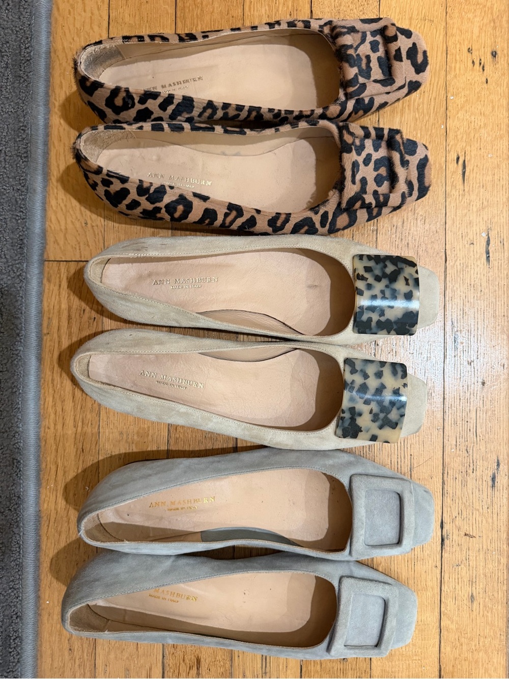 ANN MASHBURN Leopard and Neutral Suede Square-Toe Flats. Take all for $25.